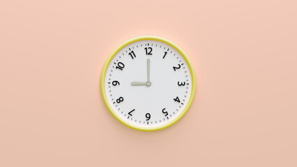 White wall clock on pastel color background.  White wall clock hanging on the wall. Time Concept, Copy space and central composition. 9 o'clock, 3d render