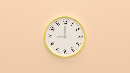 White wall clock on pastel color background.  White wall clock hanging on the wall. Time Concept, Copy space and central composition. 9 o'clock, 3d render