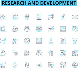 Research and Development linear icons set. Innovation, Experiment, Breakthrough, Exploration, Genius, Insight, Discovery line vector and concept signs. Advancement,Enhancement,Progress outline