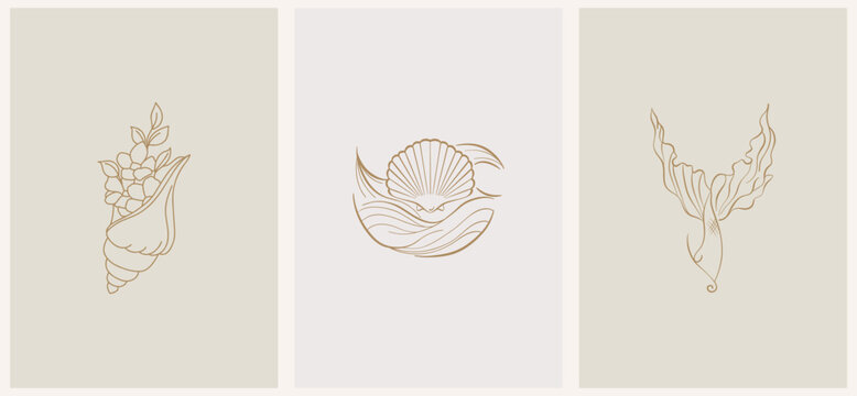 Abstract summer logo template with sun waves, seashells and mermaid tail. Modern minimal set of linear icons and emblems for social media, accommodation rental and travel services.
