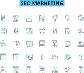 Seo marketing linear icons set. Optimization, Keywords, Analytics, Strategy, Content, Backlinks, SERP line vector and concept signs. Conversion,Traffic,Link-building outline illustrations