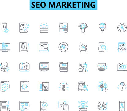 Seo marketing linear icons set. Optimization, Keywords, Analytics, Strategy, Content, Backlinks, SERP line vector and concept signs. Conversion,Traffic,Link-building outline illustrations