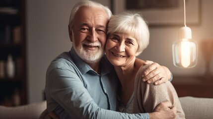 Senior couple sharing a loving embrace at home. Generative AI.