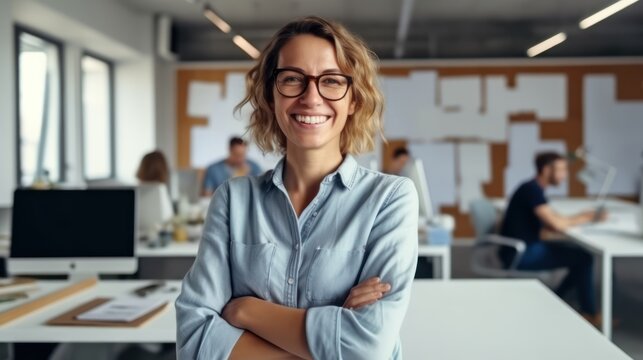 Smiling female designer posing confidently in her office. Generative AI.