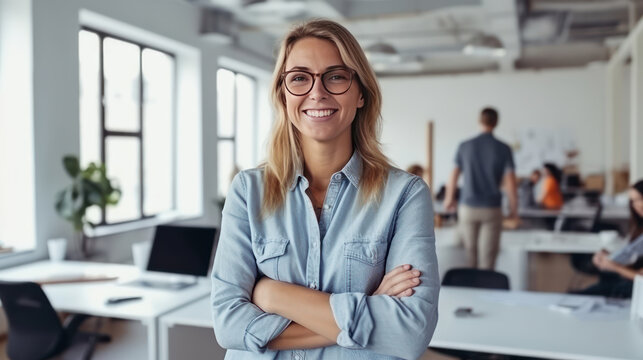 Smiling female designer posing confidently in her office. Generative AI.