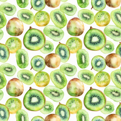 Fototapeta premium Seamless pattern with many kiwi fruits on white background in watercolor style. Generative AI.