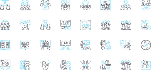 Communication and interaction linear icons set. Dialogue, Connect, Conversate, Converse, Listen, Feedback, Expression line vector and concept signs. Collaborate,Empathize,Interact outline - obrazy, fototapety, plakaty