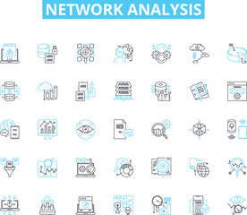 Network analysis linear icons set. Graph, Nodes, Edges, Centrality, Connectivity, Node degree, Hubs line vector and concept signs. Clustering,Modularity,Betweenness outline illustrations