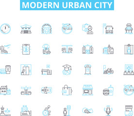 Modern urban city linear icons set. Skyscrapers, Diversity, Traffic, Graffiti, Pollution, Nightlife, Architecture line vector and concept signs. Subway,Highways,Pedestrians outline illustrations