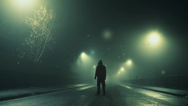 A spooky science fiction concept. A mysterious hooded figure, back to camera. Standing on an empty road. With glowing UFO lights floating in the sky. On a eerie winters foggy night