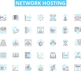 Network hosting linear icons set. Cloud, Server, Virtualization, Bandwidth, Colocation, Datacenter, Firewall line vector and concept signs. Hosting,Internet,IT outline illustrations