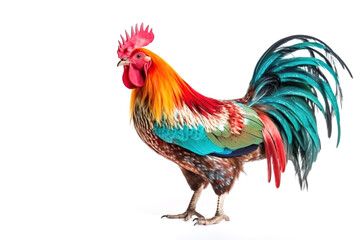 image of bright colors rooster stands on white background. Farm Animals. illustration, generative AI. - obrazy, fototapety, plakaty