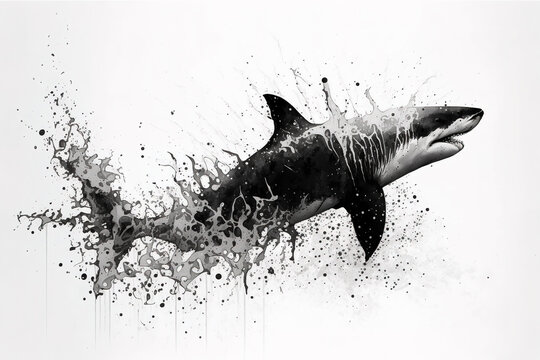 Image of a shark drawing using a brush and black ink on white background. Sea animals. Illustration, generative AI.