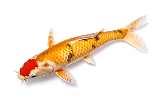 Image of beautiful koi fish on white background. Pet. Animals. Illustration, generative AI.