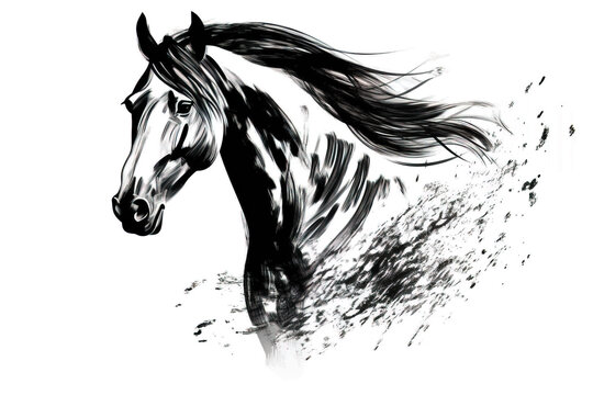 Image of a horse drawing using a brush and black ink on white background. Wildlife Animals. Illustration, generative AI.