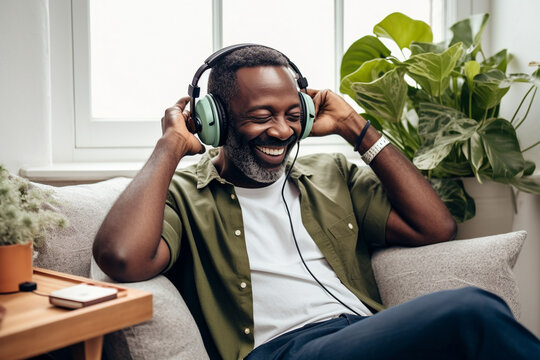 Man sitting on sofa in headphones with closed eyes and smiling. Generative AI