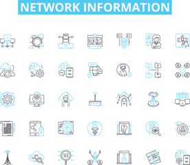 Network information linear icons set. Connectivity, Bandwidth, Firewall, Router, LAN, WAN, Ethernet line vector and concept signs. Modem,DNS,DHCP outline illustrations