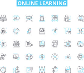 Online learning linear icons set. E-learning, Distance learning, Cyberlearning, Virtual learning, Web-based learning, Remote learning, Online education line vector and concept signs. Digital learning