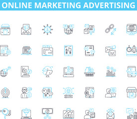Online marketing advertising linear icons set. Strategy, Targeting, Analytics, Engagement, Conversion, Optimization, Branding line vector and concept signs. Content,Promotion,Segmentation outline
