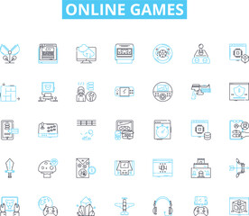 Online games linear icons set. Gaming, Multiplayer, Virtual, Adventure, Action, Strategy, Simulation line vector and concept signs. Role-playing,Fantasy,Sports outline illustrations
