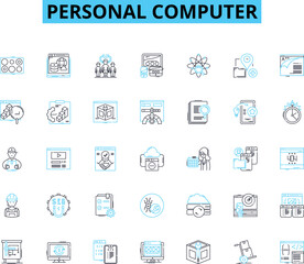 Personal computer linear icons set. Desktop, Laptop, Keyboard, Mouse, Monitor, CPU, GPU line vector and concept signs. RAM,Hard drive,SSD outline illustrations