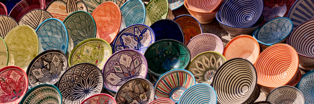 Moroccan Handmade and painted bowls. Street market - Fez, Morocco