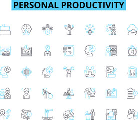 Personal productivity linear icons set. Focus, Efficiency, Time-management, Organize, Prioritize, Procrastination, Motivation line vector and concept signs. Discipline,Goals,Planning outline