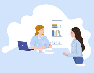 Patient at the doctor's office. Woman doctor and young patient. Vector illustration.