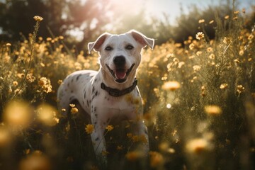 Close up image of a dog in a field of flowers - obrazy, fototapety, plakaty
