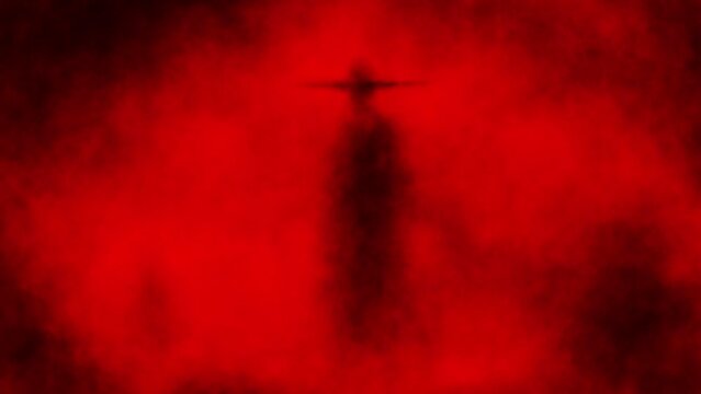 Gloomy silhouette of man in raincoat and big hat. Dark maniac character in fog. Scary 2d animation. Horror fantasy movie. Halloween ghost video clip. Spooky visions of hell. Red and black background.