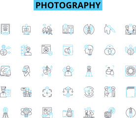Photography linear icons set. Exposure, Aperture, Shutter, Focus, Composition, Light, Shadows line vector and concept signs. Contrast,Depth,Angle outline illustrations