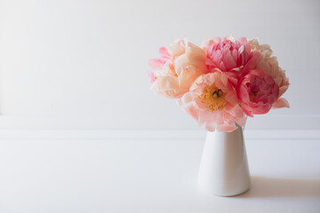 Beautiful bouquet of fresh coral peony flowers in full bloom in vase. Floral still life with blooming peonies. Negative space for text.