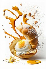 Fried Egg in Croissant, Crumbs and Butter Color Swirl on White Background. Generative ai