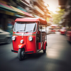 Thailand Red TukTuk Speeding in Bangkok, Thai Tuk Tuk Transport Travel Fast Blurry Background Motion Blur