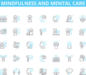 Mindfulness and mental care linear icons set. Meditation, Zen, Reflection, Awareness, Stillness, Self-love, Gratitude line vector and concept signs. Clarity,Relaxation,Calmness outline illustrations