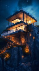 Illuminated Exterior of Modern Architecture in Rock at Night Time. Generative ai