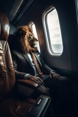Lion Sitting in the Plane Seat by the Window and Wearing Suit, Business Class. Generative ai