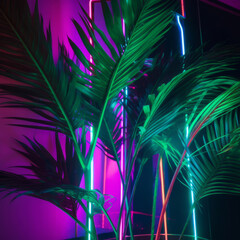 Neon palm leaves. Illustration AI Generative.
