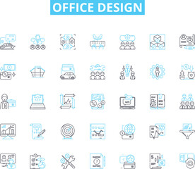 office design linear icons set. Productivity, Efficiency, Collaboration, Space, Lighting, Ergonomics, Sustainability line vector and concept signs. Flexibility,Privacy,Comfort outline illustrations