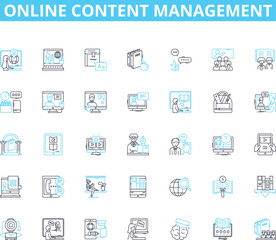 Online content management linear icons set. Publishing, Editing, Writing, Optimization, Analytics, Layout, Design line vector and concept signs. Workflow,Syndication,Collaboration outline