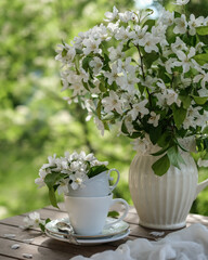 Still life with white flowers in the garden. Summer still life