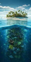 Fototapeta na wymiar Beautiful Tropical Island with Large Palm Trees Above the Water, Tidepool and Coral Reef Underwater. Generative ai