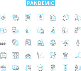 Pandemic linear icons set. Virus, Quarantine, Lockdown, Social distancing, Contagion, Outbreak, PPE line vector and concept signs. Epidemiology,Asymptomatic,Contact tracing outline illustrations