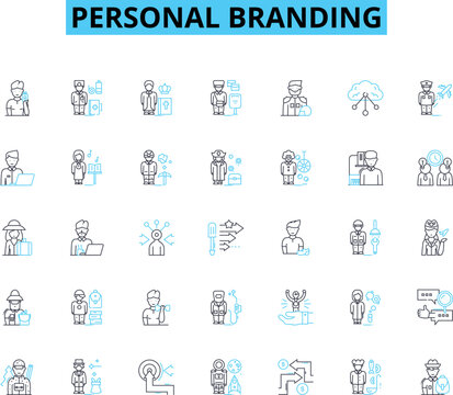 Personal branding linear icons set. Identity, Image, Reputation, Presence, Storytelling, Authenticity, Consistency line vector and concept signs. Clarity,Perception,Messaging outline illustrations