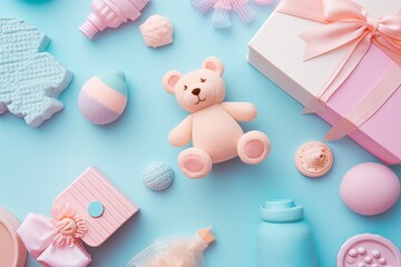 newborn accessories , baby shower, bear doll, with generative ai