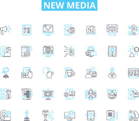 New media linear icons set. Interactivity, Digitalization, Connectivity, Innovation, Disruption, Virality, Collaboration line vector and concept signs. Creativity,Globalization,Immediacy outline