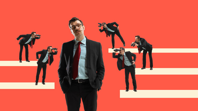 Innovations. Businessman in formal wear showing self-confidence. Man looking with attention and astonishment. Contemporary art collage. Concept of personal and professional growth, business