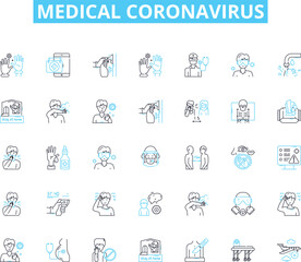 Medical coronavirus linear icons set. Pandemic, Outbreak, Quarantine, Contagious, Respiratory, Transmission, Symptoms line vector and concept signs. Vaccination,Mutation,Social distancing outline