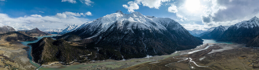 Aerial view of beautiful snow mountains and lake in Tibet,China