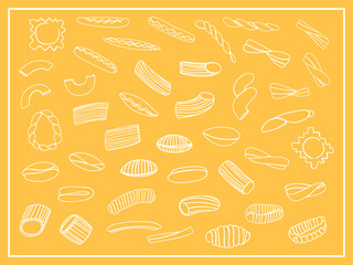 Collection of pasta of different types hand-drawn in the style of doodle. Vector illustrations isolated on yellow background.